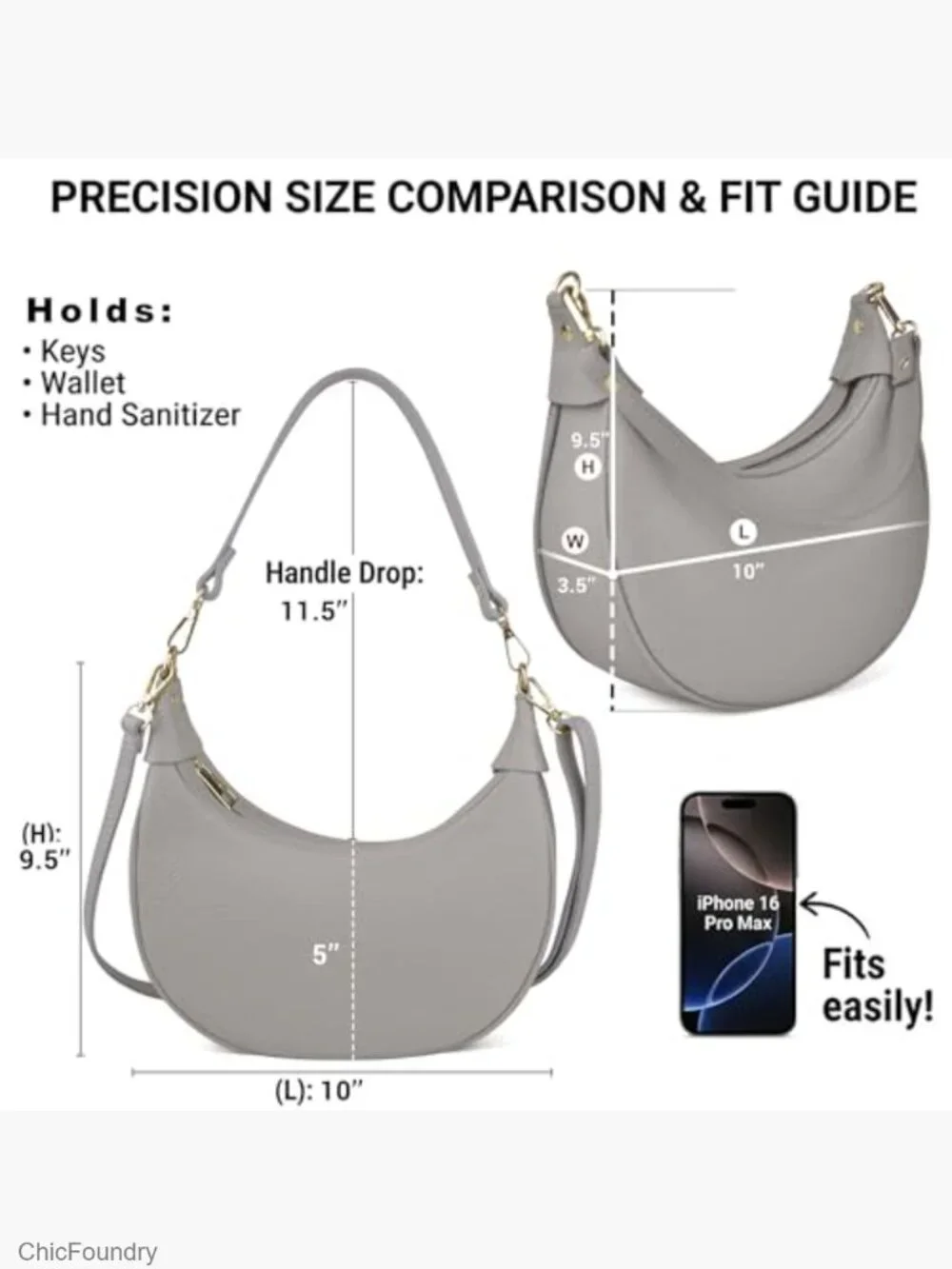 Genuine Leather Crescent Hobo Crossbody Bag with 2 Straps